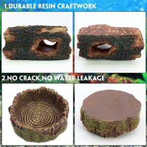 Dexspoeny 3Pcs Reptile Hide Cave Small Lizard Reptile Food＆Water Bearded Dragon Bowls Accessories,Natural Resin Hollow Tree Trunk Hideout,Hermit Crab Supplies Trunk Snake Gecko Frogs Fish Tanks Decor