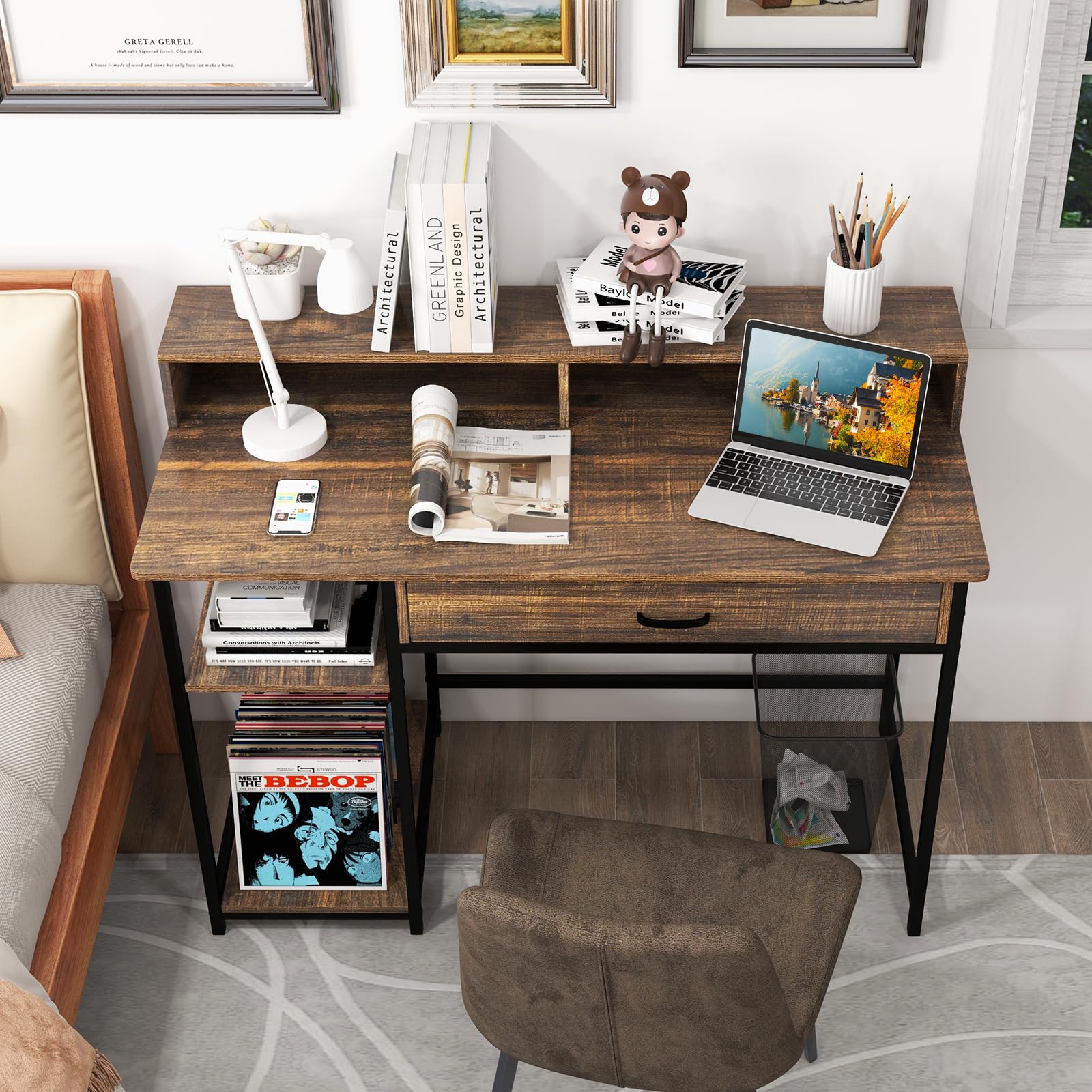 Tangkula Computer Desk with Storage Drawer & Monitor Stand, 48” Home Office Writing Desk with 2 Open Shelves & Compartments, Computer Workstation Writing Study Desk with Metal Frame (Rustic Brown)