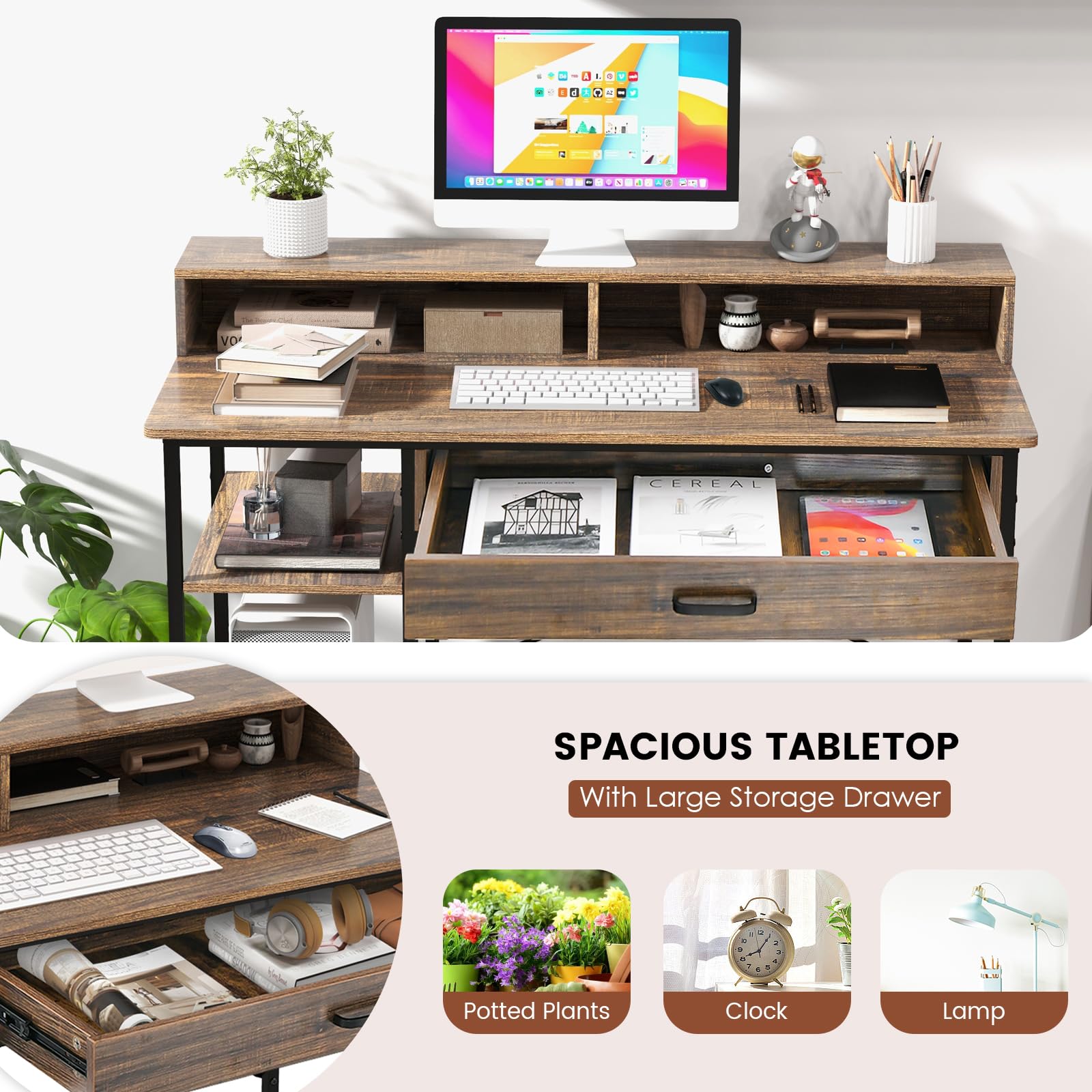 Tangkula Computer Desk with Storage Drawer & Monitor Stand, 48” Home Office Writing Desk with 2 Open Shelves & Compartments, Computer Workstation Writing Study Desk with Metal Frame (Rustic Brown)