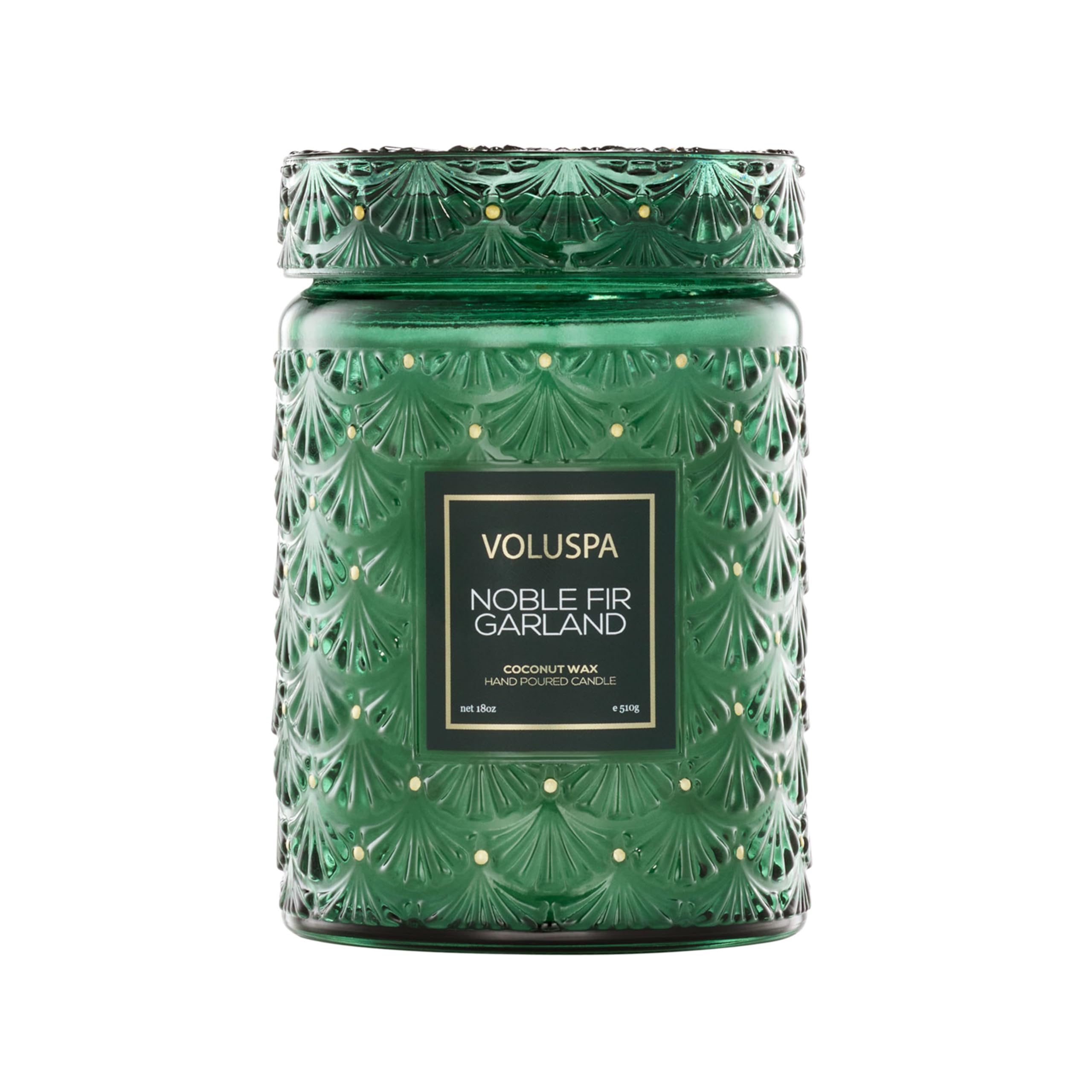 Voluspa Noble Fir Garland, Large Candle Jar, 18oz, Coconut Wax Blend, Christmas Scented Candles for Home, 100 Hour Burn Time, Poured in The USA