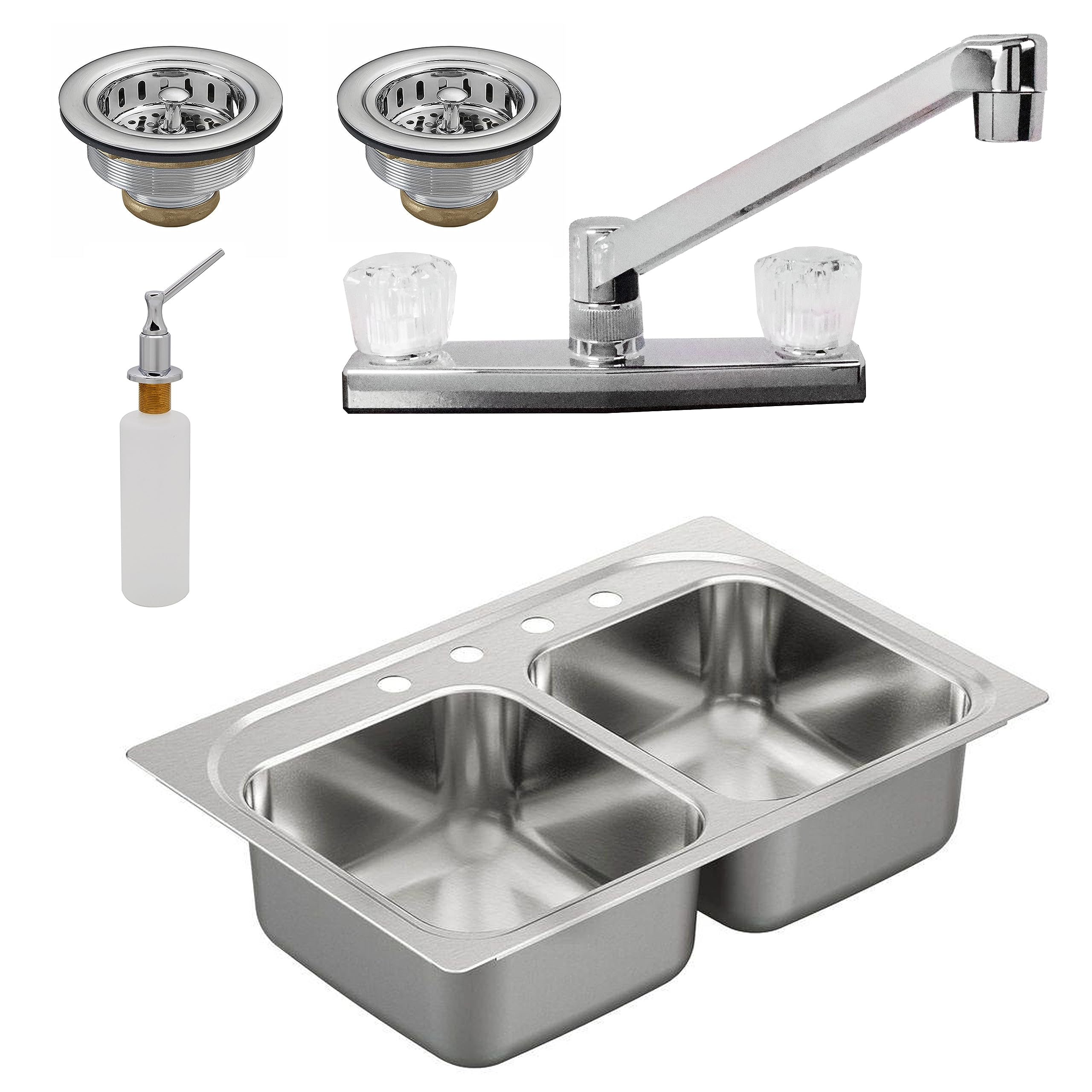 Westbrass D33228KIT-26 33" Double Bowl Stainless Steel Kitchen Sink Kit with 2-Handle Faucet, Soap Dispenser and Drain Strainers, Polished Chrome