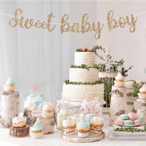 Pre-Strung Sweet Baby Boy Banner - NO DIY - Gold Glitter Baby Shower Gender Reveal Party Banner For Boy - Pre-Strung Garland on 8 ft Strand - Baby Shower Party Decorations. Did we mention no DIY?