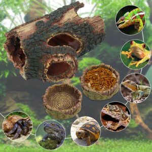 Dexspoeny 3Pcs Reptile Hide Cave Small Lizard Reptile Food＆Water Bearded Dragon Bowls Accessories,Natural Resin Hollow Tree Trunk Hideout,Hermit Crab Supplies Trunk Snake Gecko Frogs Fish Tanks Decor