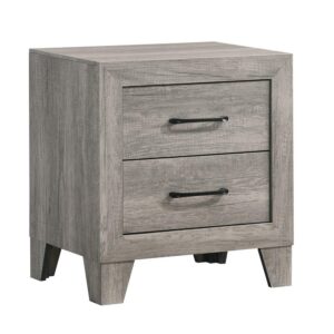 benjara isha 24 inch 2 drawer nightstand with metal handles, modern driftwood gray