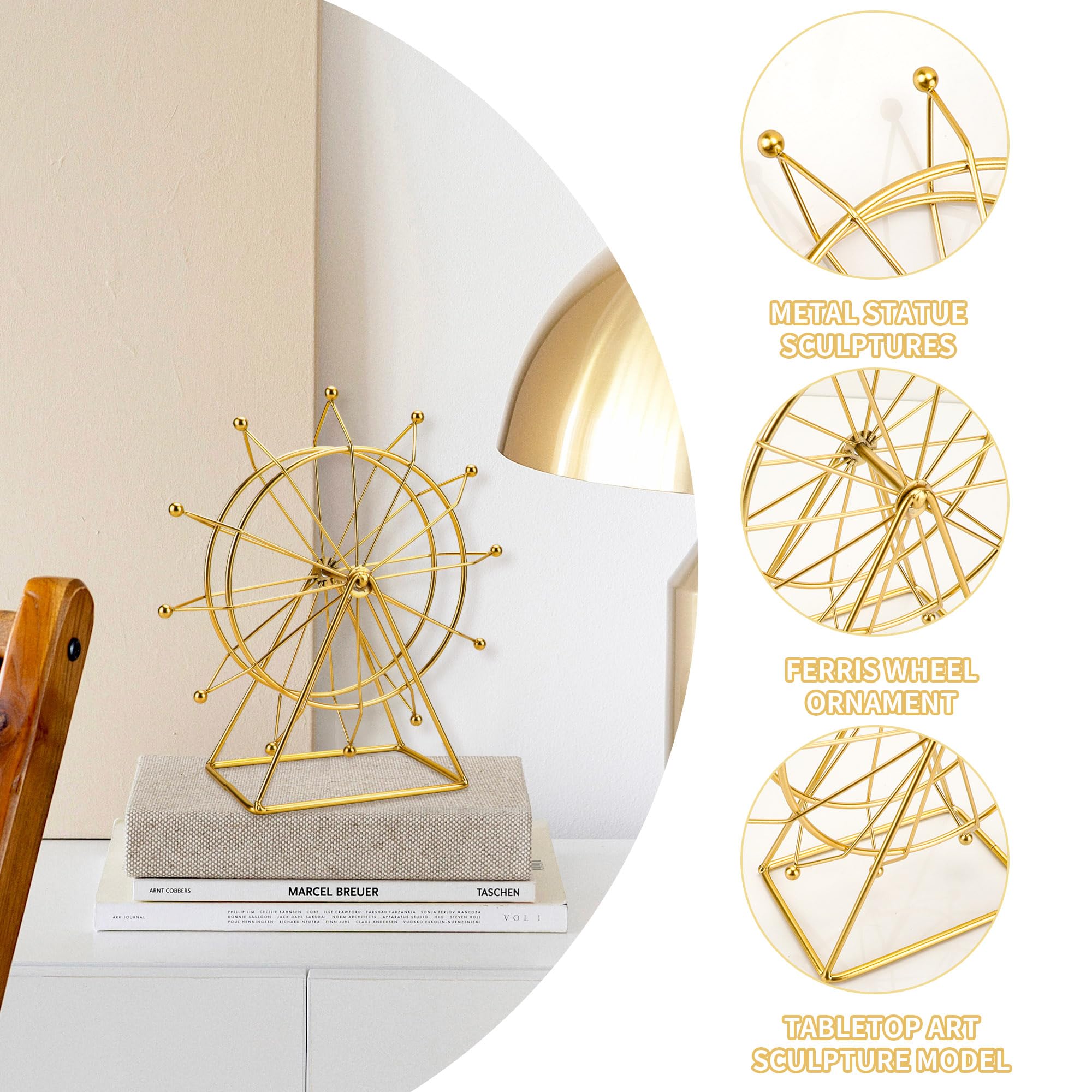 MATUFF Gold Ferris Wheel Decorations for Office Bookshelf Decor, Home Decor Living Room Shelf- Spinning Ferris Wheel for Gift Birthday Thanksgiving Valentine's Day