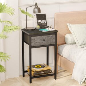 Fixwal Gray Nightstand with Drawer, Fabric Bedside Table Organizer with 2 Levels of Storage, End Table for Living Room, Bedside Table Bedroom Furniture, Greige