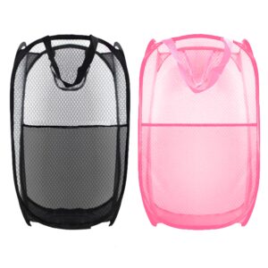 buyongwant collapsible pop up laundry hamper, mesh foldable laundry basket bag, extra large - 28" x 16" x 16", 2 pack (black + pink)