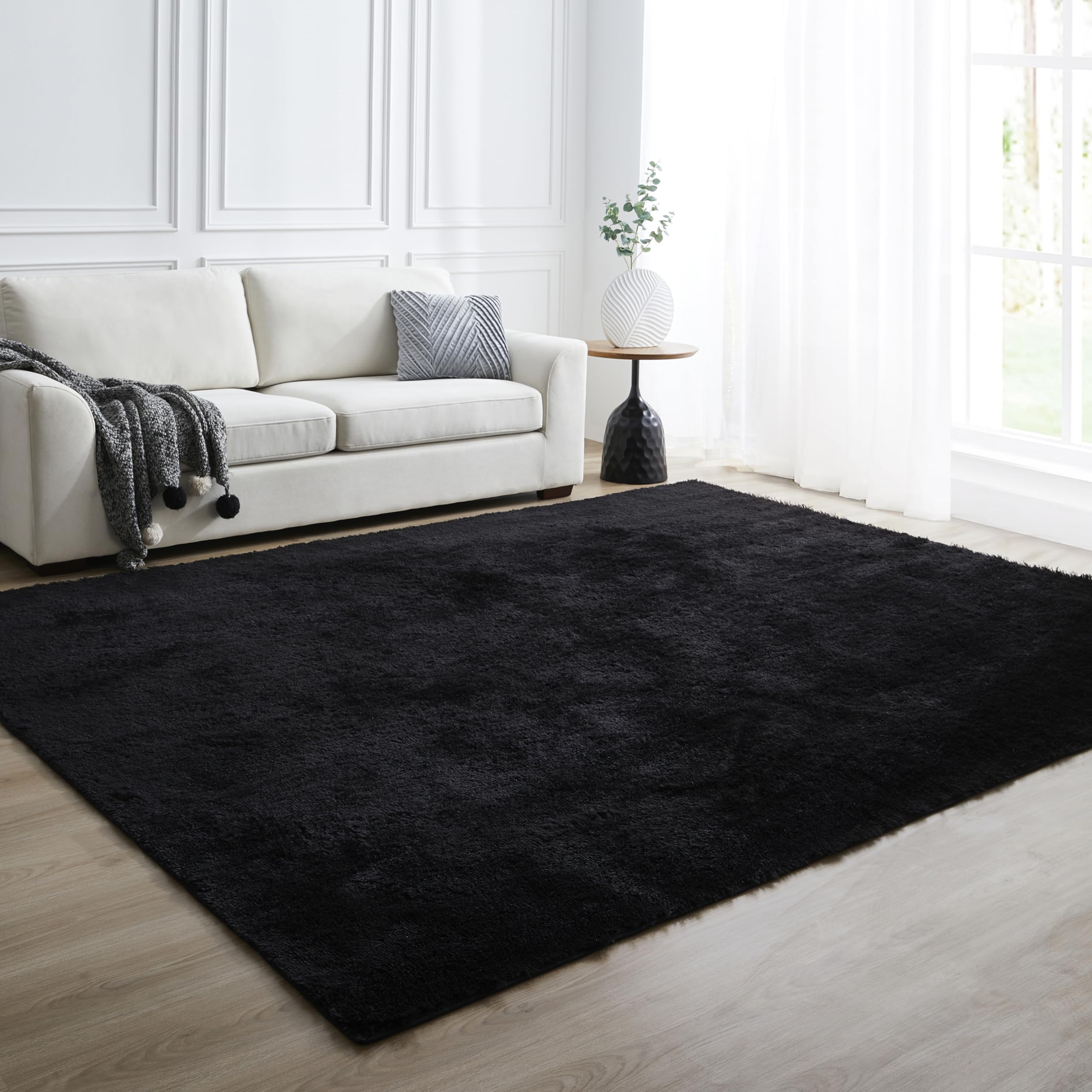 COOVA Long Pile Faux Fur Big Washable Area Rug – Soft 8x10 ft Living Room Carpet, Comfortable Non-Shedding Shag Rug, Stylish Floor Covering, Carpet for Bedroom,Black