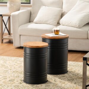 Glitzhome Nesting Table with Storage, Set of 2 Farmhouse End Side Tables with Lid, Metal Barrel Rustic Accent Stools for Living Room Bedroom Office, Black