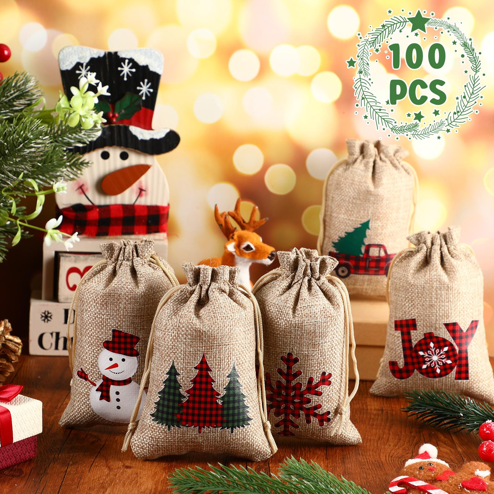 Paterr 100 Pcs Christmas Burlap Gift Bags Bulk for Party Favors 4x 6 Inch Christmas Linen Bags with Drawstring Small Jute Christmas Treat Bag Reusable Linen Treat Sacks for Holiday (Plaid Style)