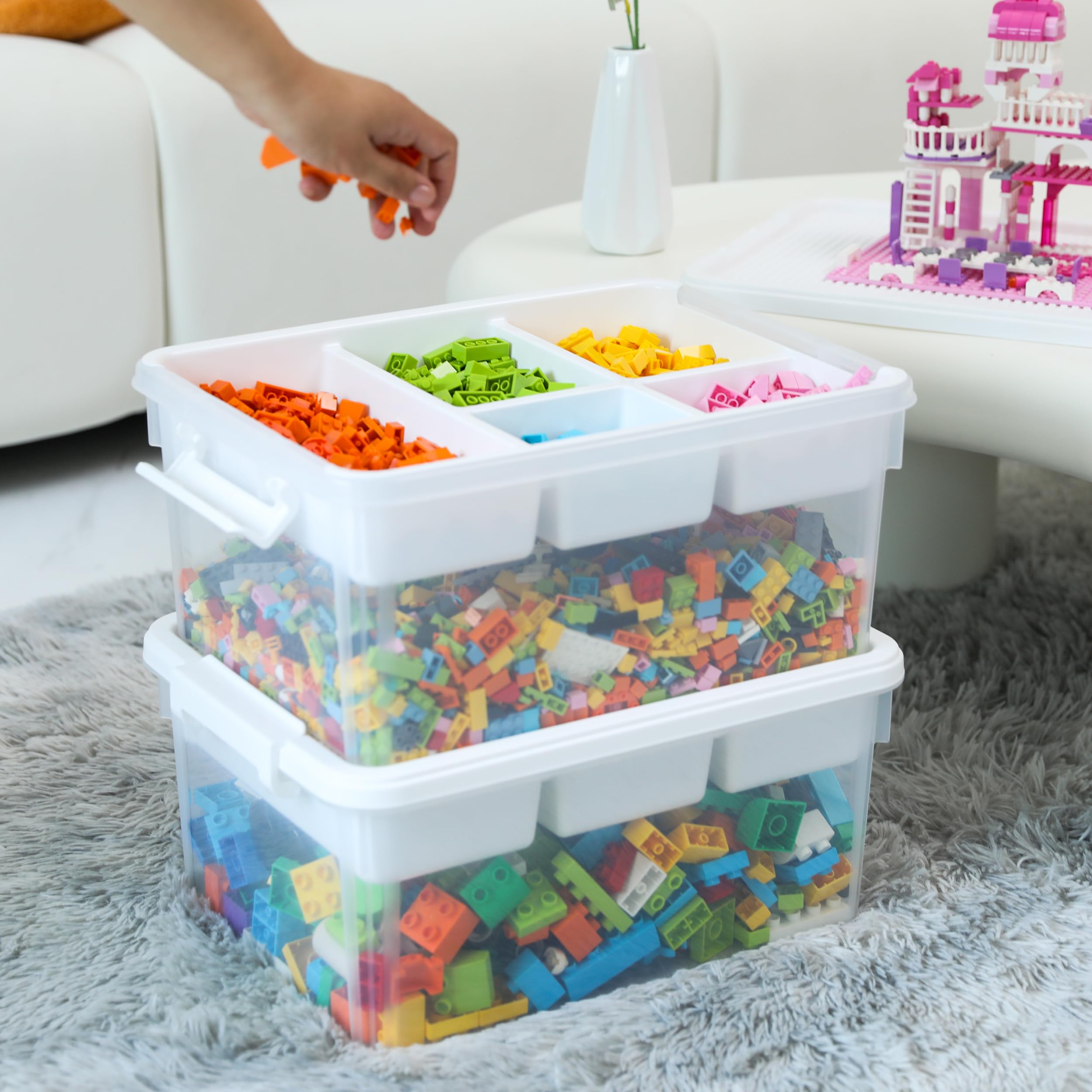 Citylife 17 QT Plastic Storage Box with Building Baseplate Lid and Removable Tray Craft Organizers and Storage Clear Storage Container for Organizing Bead, Tool, Sewing