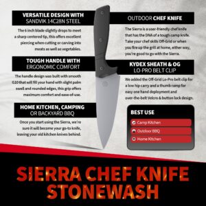 Off-Grid Knives - Sierra Chef Knife with Sandvik 14C28N Stainless Steel, Kydex Sheath and Belt Clip, G10 Scales, Camping, BBQ & Home Kitchen Use (Stonewash)