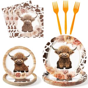 g1ngtar 96pcs highland cow party plates supplies farmhouse cow cattle party tableware decorations farm animal disposable paper plates napkins forks for kids birthday baby shower, serves 24 guests