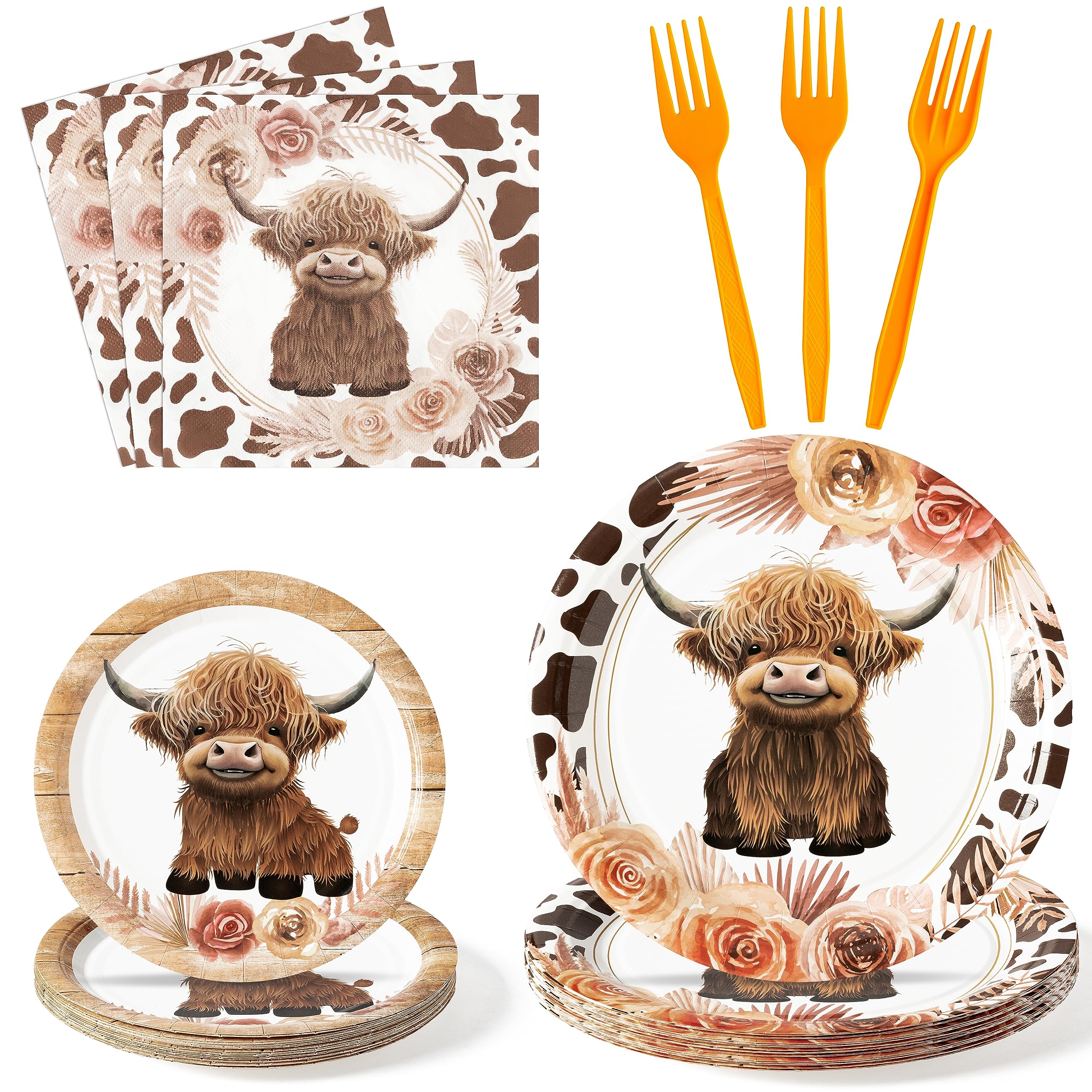 G1ngtar 96Pcs Highland Cow Party Plates Supplies Farmhouse Cow Cattle Party Tableware Decorations Farm Animal Disposable Paper Plates Napkins Forks for Kids Birthday Baby Shower, Serves 24 Guests