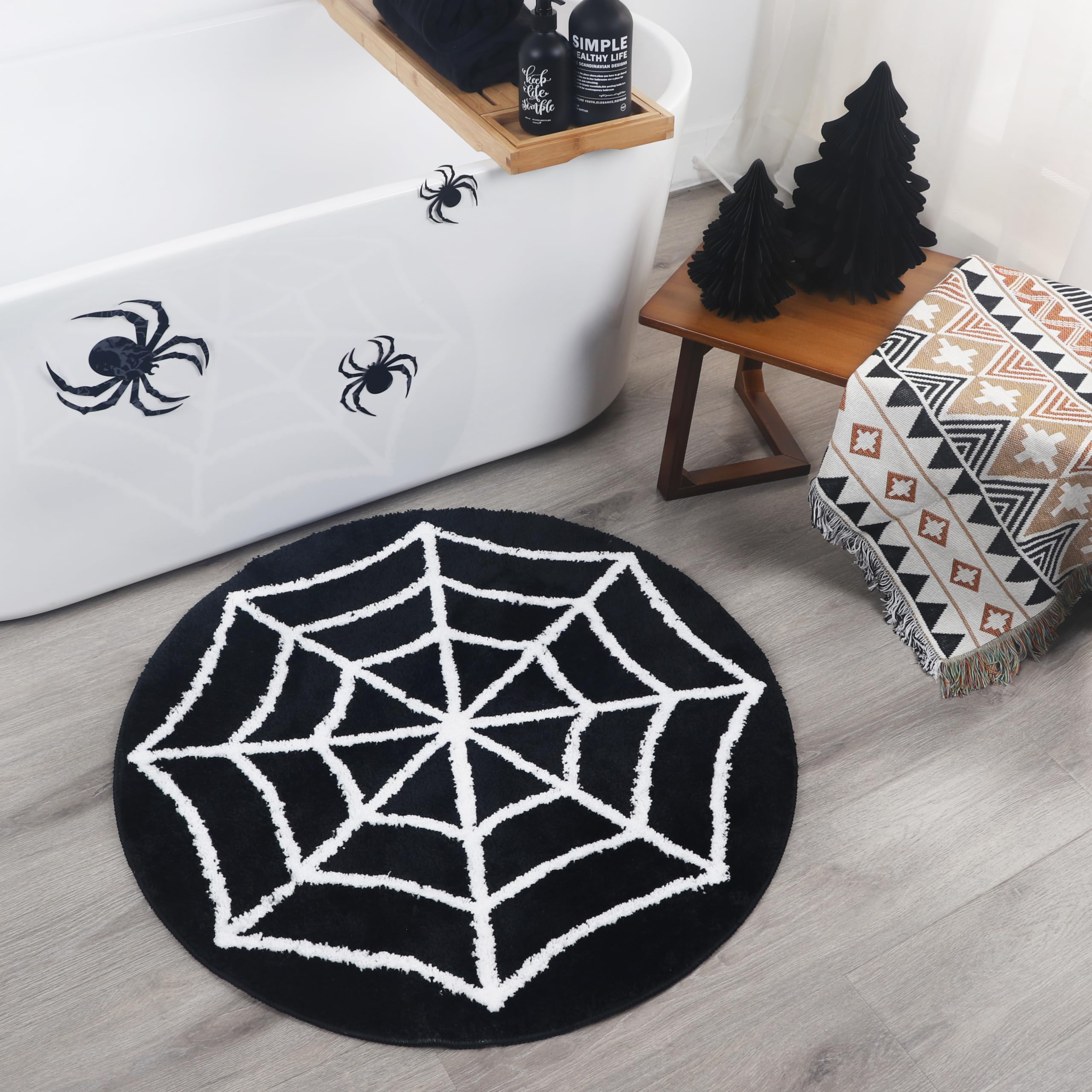 Spider Web Bath Mat - Halloween Rug Bathroom Decor Gothic Home Decor Witchy Horror Goth Room Rugs Gothic Bedroom Kitchen Whimsigoth Oddities and Curiosities Spooky Gifts Decoration Spider Webs (Round)