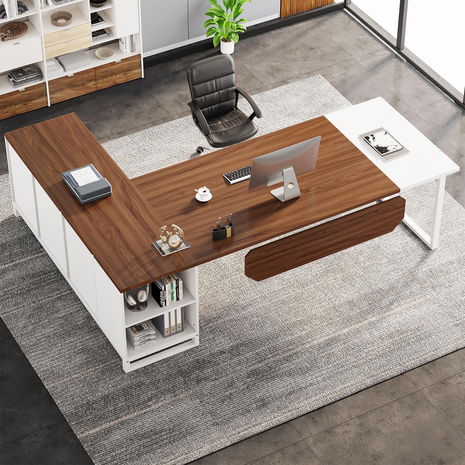 Tribesigns 70.8" Executive Desk with 55" File Cabinet, Modern L Shaped Computer Desk with Storage Shelves and Cabinet, Large L Shaped Executive Desk for Home Office, Walnut & White