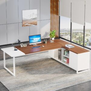 tribesigns 70.8" executive desk with 55" file cabinet, modern l shaped computer desk with storage shelves and cabinet, large l shaped executive desk for home office, walnut & white