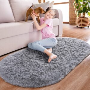 Noahas Grey Fluffy Rugs for Bedroom,2'X 5' Oval Ultra Soft Bedroom Rugs,Small Throw Rugs, Kids Room Carpet Modern Shaggy Area Rugs Home Decor