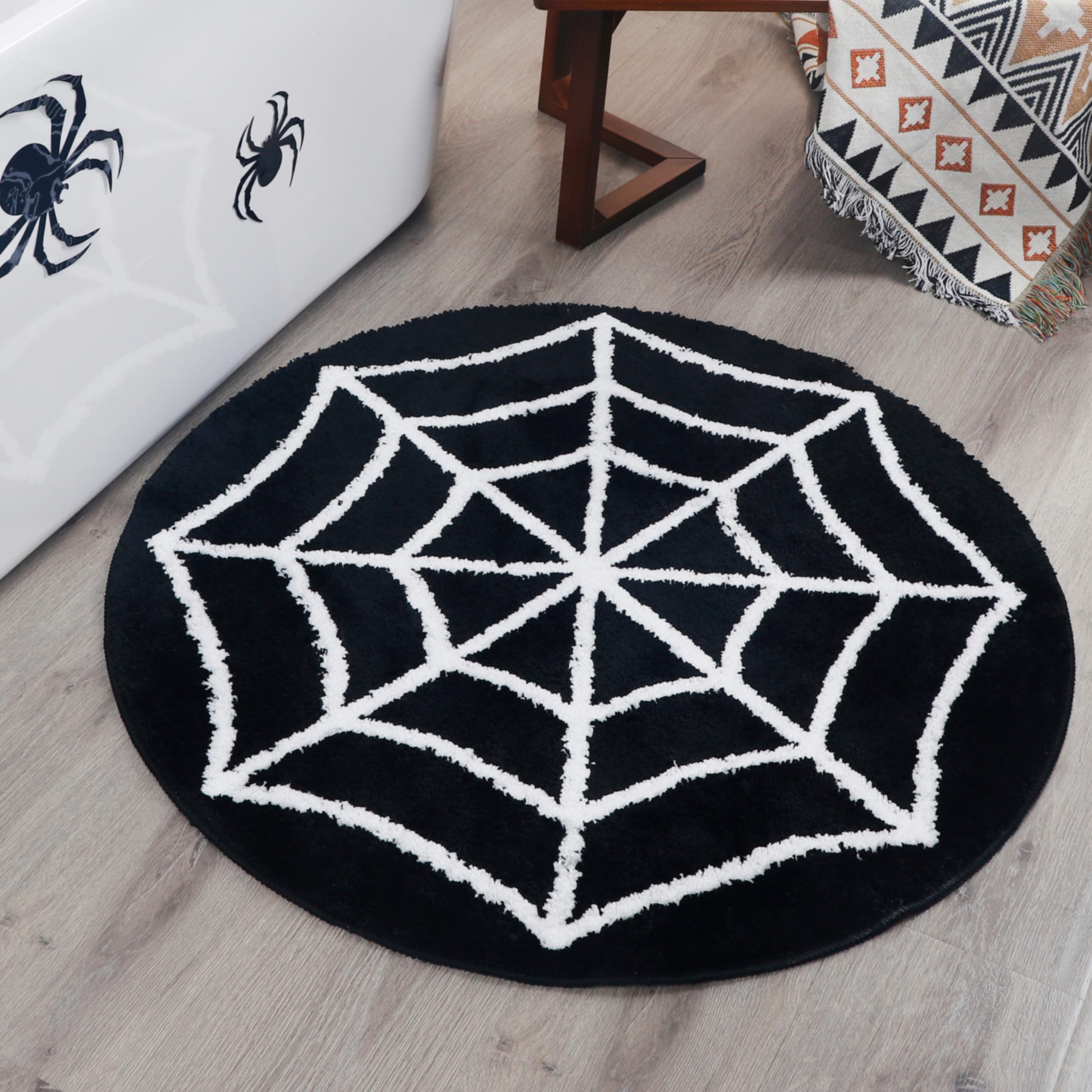 Spider Web Bath Mat - Halloween Rug Bathroom Decor Gothic Home Decor Witchy Horror Goth Room Rugs Gothic Bedroom Kitchen Whimsigoth Oddities and Curiosities Spooky Gifts Decoration Spider Webs (Round)