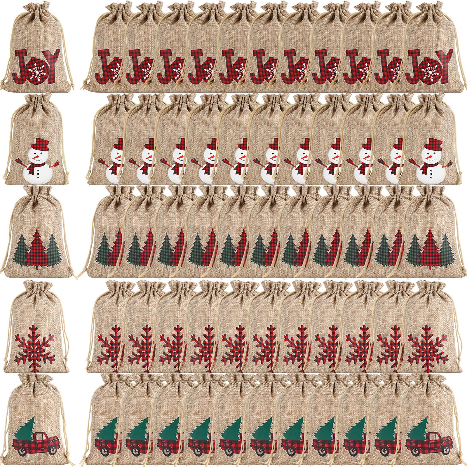 Paterr 100 Pcs Christmas Burlap Gift Bags Bulk for Party Favors 4x 6 Inch Christmas Linen Bags with Drawstring Small Jute Christmas Treat Bag Reusable Linen Treat Sacks for Holiday (Plaid Style)