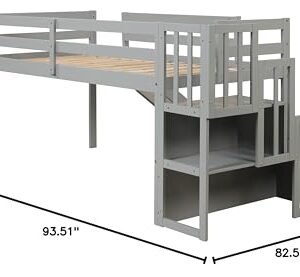 BOVZA Twin Size Low Loft Bed with Stairs and Slide, Wood Bedframe with Safety Guardrails for Kids Boys Girls, Gray