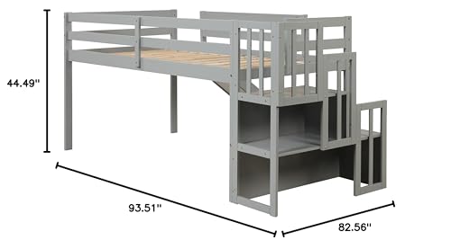 BOVZA Twin Size Low Loft Bed with Stairs and Slide, Wood Bedframe with Safety Guardrails for Kids Boys Girls, Gray