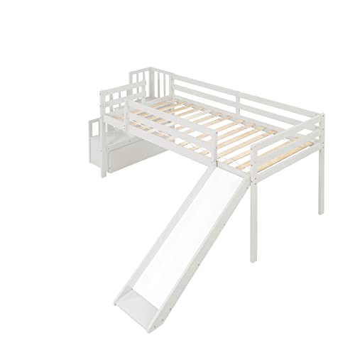 BOVZA Twin Size Low Loft Bed with Stairs and Slide, Wood Bedframe with Safety Guardrails for Kids Boys Girls, White