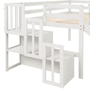 BOVZA Twin Size Low Loft Bed with Stairs and Slide, Wood Bedframe with Safety Guardrails for Kids Boys Girls, White