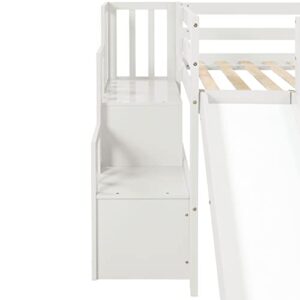 BOVZA Twin Size Low Loft Bed with Stairs and Slide, Wood Bedframe with Safety Guardrails for Kids Boys Girls, White