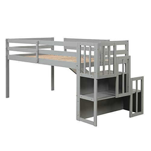 BOVZA Twin Size Low Loft Bed with Stairs and Slide, Wood Bedframe with Safety Guardrails for Kids Boys Girls, Gray