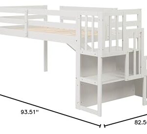 BOVZA Twin Size Low Loft Bed with Stairs and Slide, Wood Bedframe with Safety Guardrails for Kids Boys Girls, White