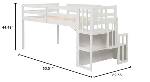 BOVZA Twin Size Low Loft Bed with Stairs and Slide, Wood Bedframe with Safety Guardrails for Kids Boys Girls, White