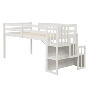 BOVZA Twin Size Low Loft Bed with Stairs and Slide, Wood Bedframe with Safety Guardrails for Kids Boys Girls, White