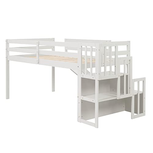 BOVZA Twin Size Low Loft Bed with Stairs and Slide, Wood Bedframe with Safety Guardrails for Kids Boys Girls, White