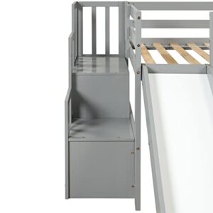 BOVZA Twin Size Low Loft Bed with Stairs and Slide, Wood Bedframe with Safety Guardrails for Kids Boys Girls, Gray