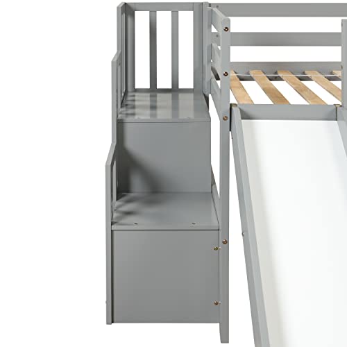 BOVZA Twin Size Low Loft Bed with Stairs and Slide, Wood Bedframe with Safety Guardrails for Kids Boys Girls, Gray