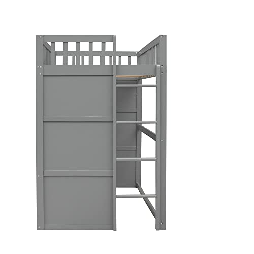 BOVZA Twin Size Wood House Loft Bed with Ladder, Kids Playhouse Bed with Window for Girls Boys, Gray+White