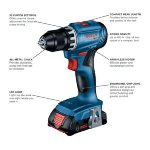 Bosch GSR18V-400B12-RT 18V Brushless Lithium-Ion 1/2 in. Cordless Compact Drill Driver Kit (2 Ah) (Renewed)