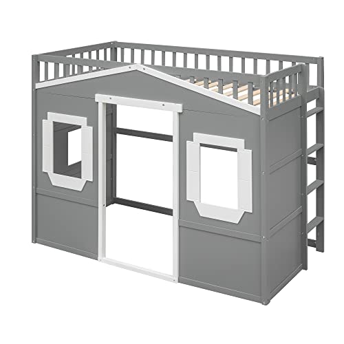 BOVZA Twin Size Wood House Loft Bed with Ladder, Kids Playhouse Bed with Window for Girls Boys, Gray+White