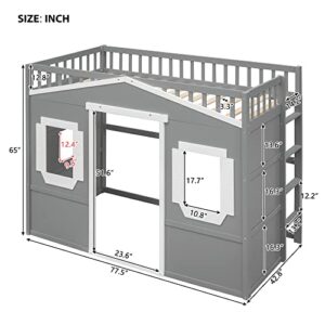 BOVZA Twin Size Wood House Loft Bed with Ladder, Kids Playhouse Bed with Window for Girls Boys, Gray+White