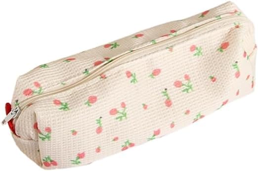 2 PCS Pink Strawberries Women Fresh Style Pencil Bag Flower Floral Canvas Large Pen Pencil Pouch Bag Pencil Case Pen Holder Coin Pouch, Simple Cosmetic Storage Bags Makeup Bag Office Stationery