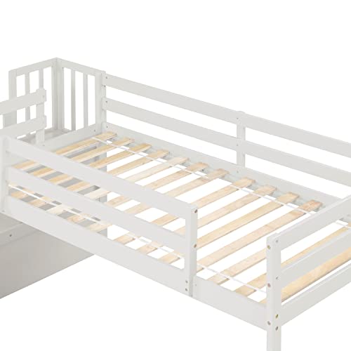 BOVZA Twin Size Low Loft Bed with Stairs and Slide, Wood Bedframe with Safety Guardrails for Kids Boys Girls, White