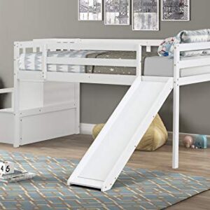 BOVZA Twin Size Low Loft Bed with Stairs and Slide, Wood Bedframe with Safety Guardrails for Kids Boys Girls, White