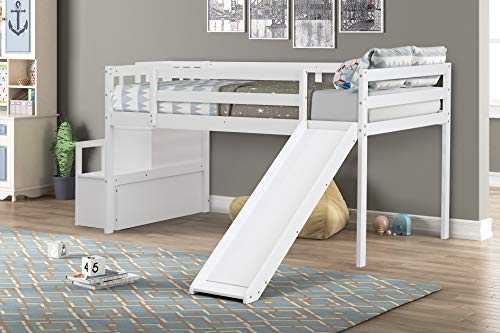 BOVZA Twin Size Low Loft Bed with Stairs and Slide, Wood Bedframe with Safety Guardrails for Kids Boys Girls, White