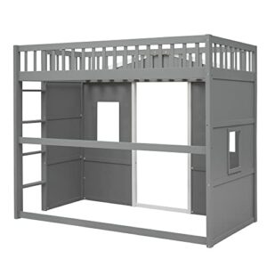 BOVZA Twin Size Wood House Loft Bed with Ladder, Kids Playhouse Bed with Window for Girls Boys, Gray+White