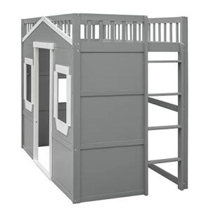 BOVZA Twin Size Wood House Loft Bed with Ladder, Kids Playhouse Bed with Window for Girls Boys, Gray+White