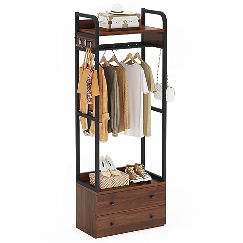 LITTLE TREE 75 inch Tall Freestanding Closet Organizer Small Clothes Rack Coat Rack with Drawers and Shelves, Heavy Duty Small Garment Rack Industrial Hall Tree for Hallway Entryway Bedroom