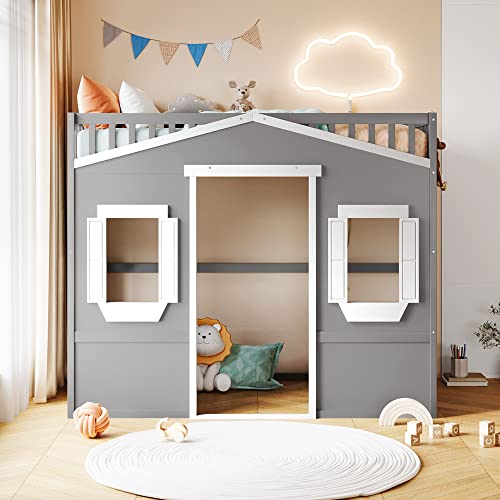 BOVZA Twin Size Wood House Loft Bed with Ladder, Kids Playhouse Bed with Window for Girls Boys, Gray+White