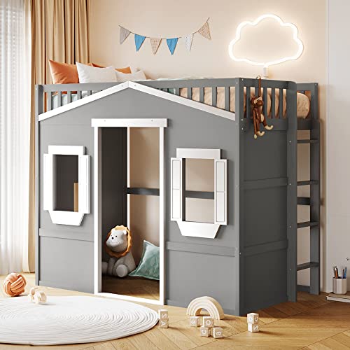 BOVZA Twin Size Wood House Loft Bed with Ladder, Kids Playhouse Bed with Window for Girls Boys, Gray+White