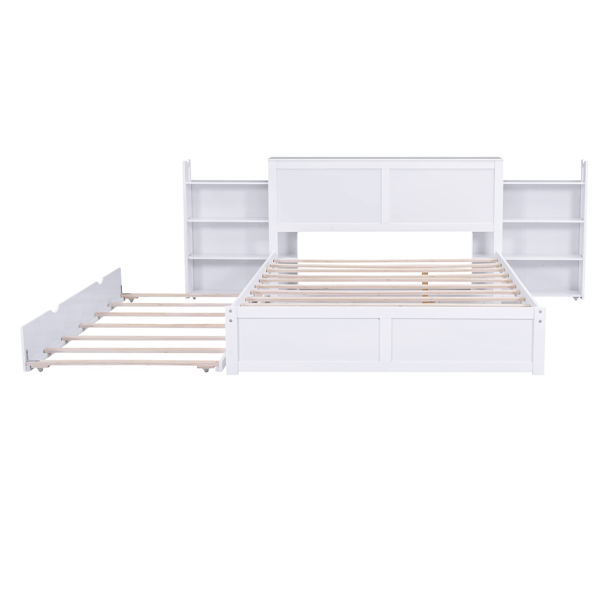 Queen Size Storage Bed with Trundle, Wood Platform Bed Frame with Storage Shelves Headboard and Twin Size Trundle Bed, Wooden Queen Beds for Kids Boys Girls Teens, White